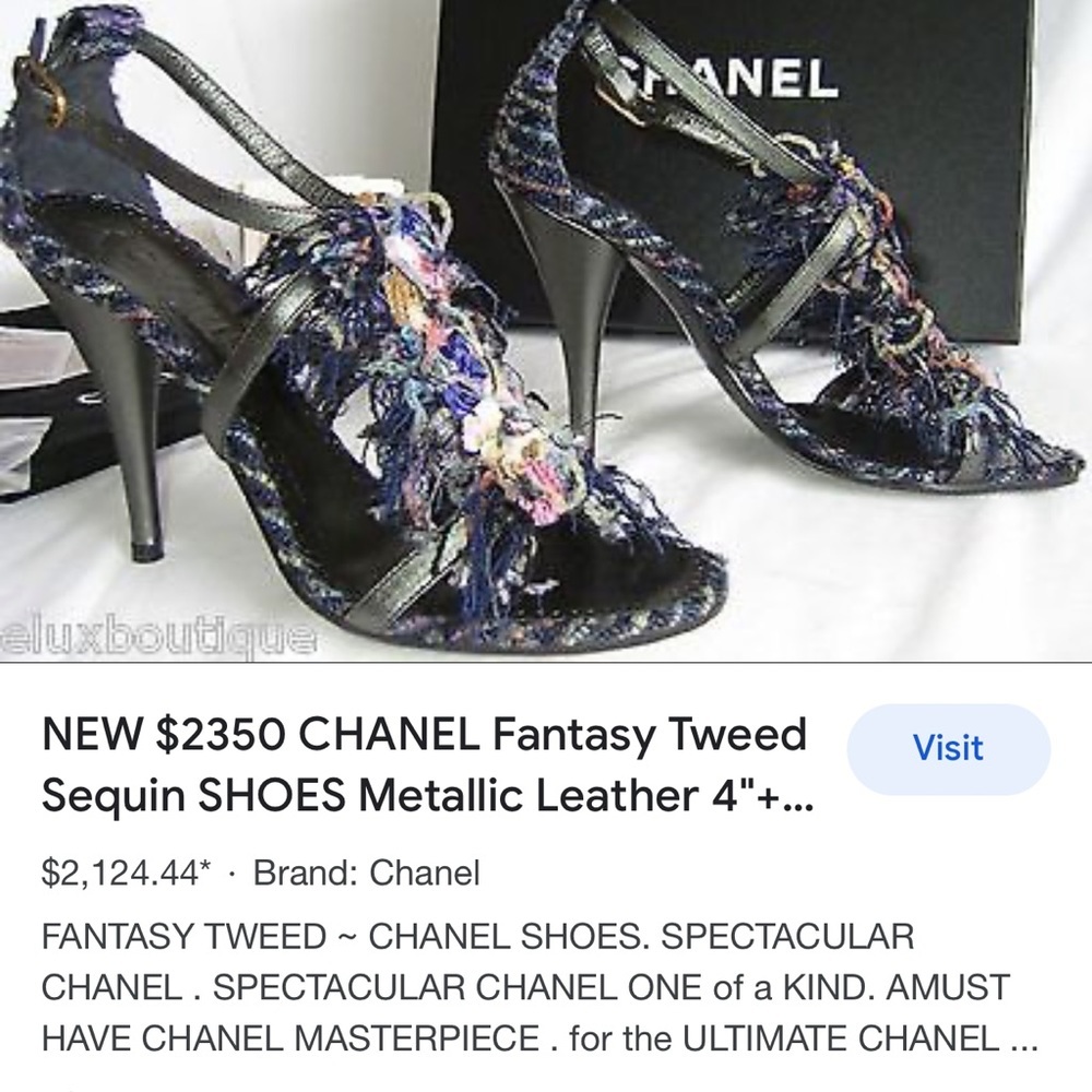 Chanel Rare Navy tweed and sequins Pewter leather Sandals Heels Size 7 US - Picture 16 of 16